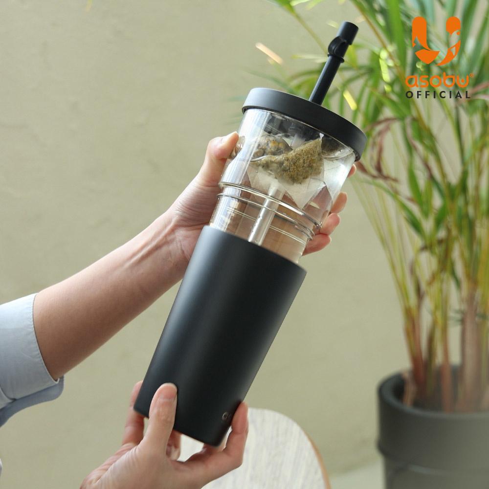 캐나다 아소부 보온보냉 빨대텀블러 앤 스테인레스컵 2IN1 마리나 845ML 블랙