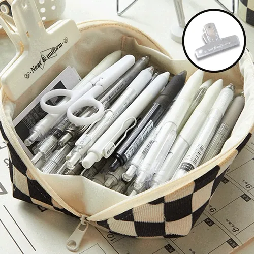 [집게증정/정품] 손잡이 캔버스 블랙 체커보드 필통 다용도 파우치 신학기 문구 대용량 수납