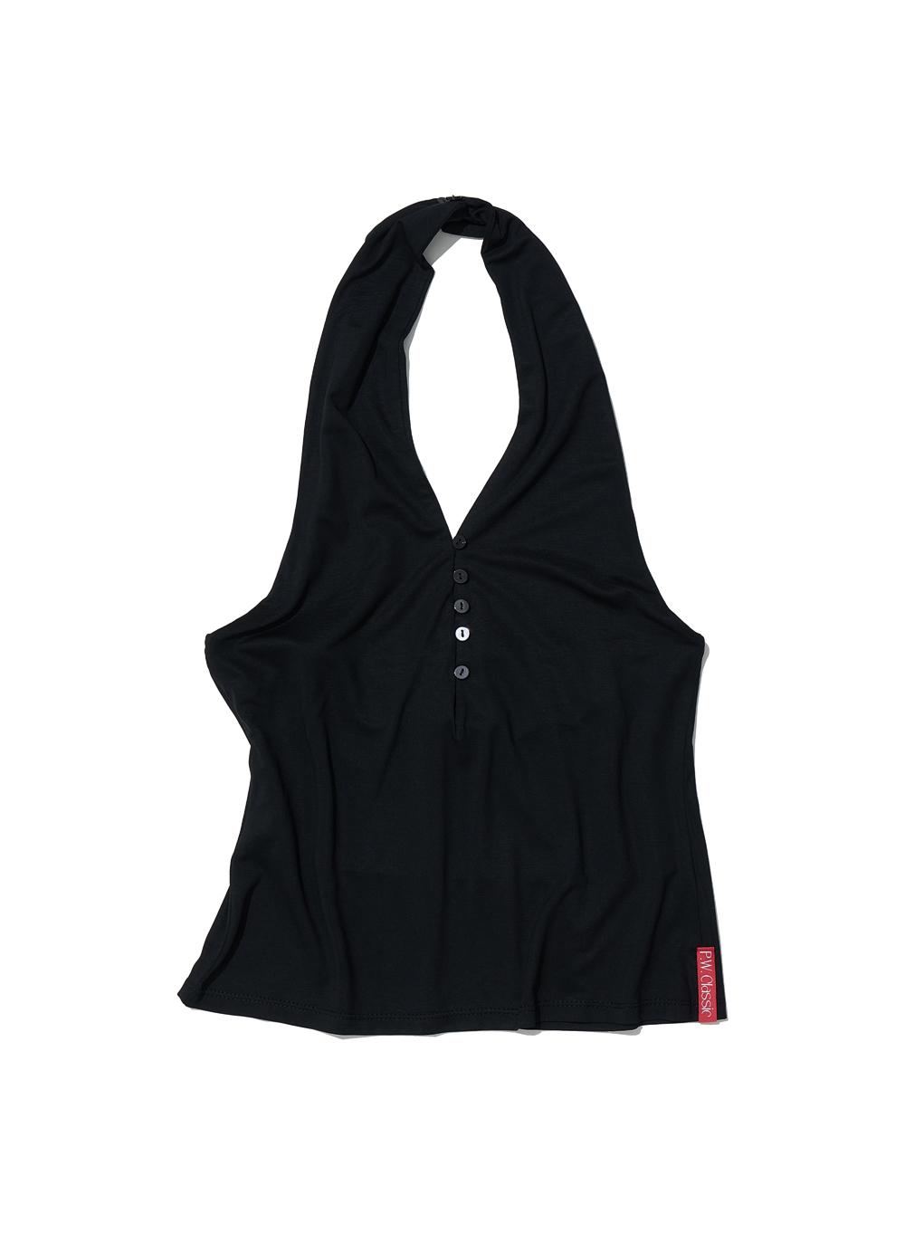 [WOMEN] PWC BUTTON-UP JERSEY HALTER NECK TOP_BLACK