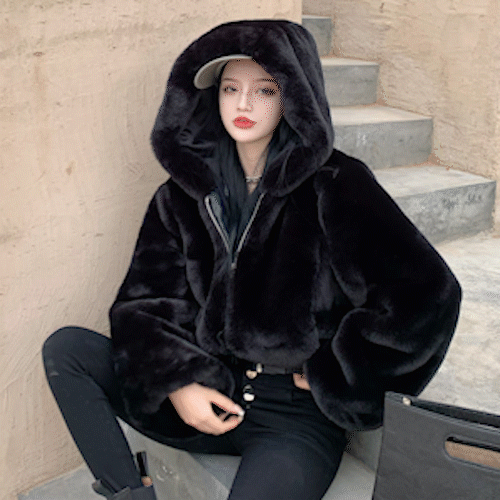 [겨울자켓/겨울신상] 퍼자켓 후리스집업 후드 크롭 자켓 점퍼 양털후리스 크롭후드 아우터 (블랙/화이트)