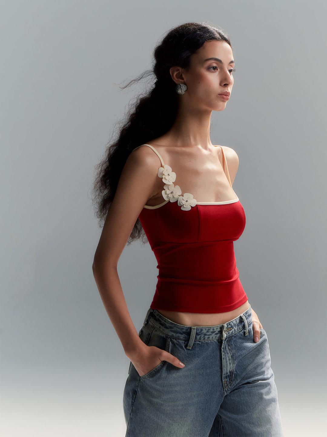 Floral Contrast Trim Bodycon Cami Top - Red / L