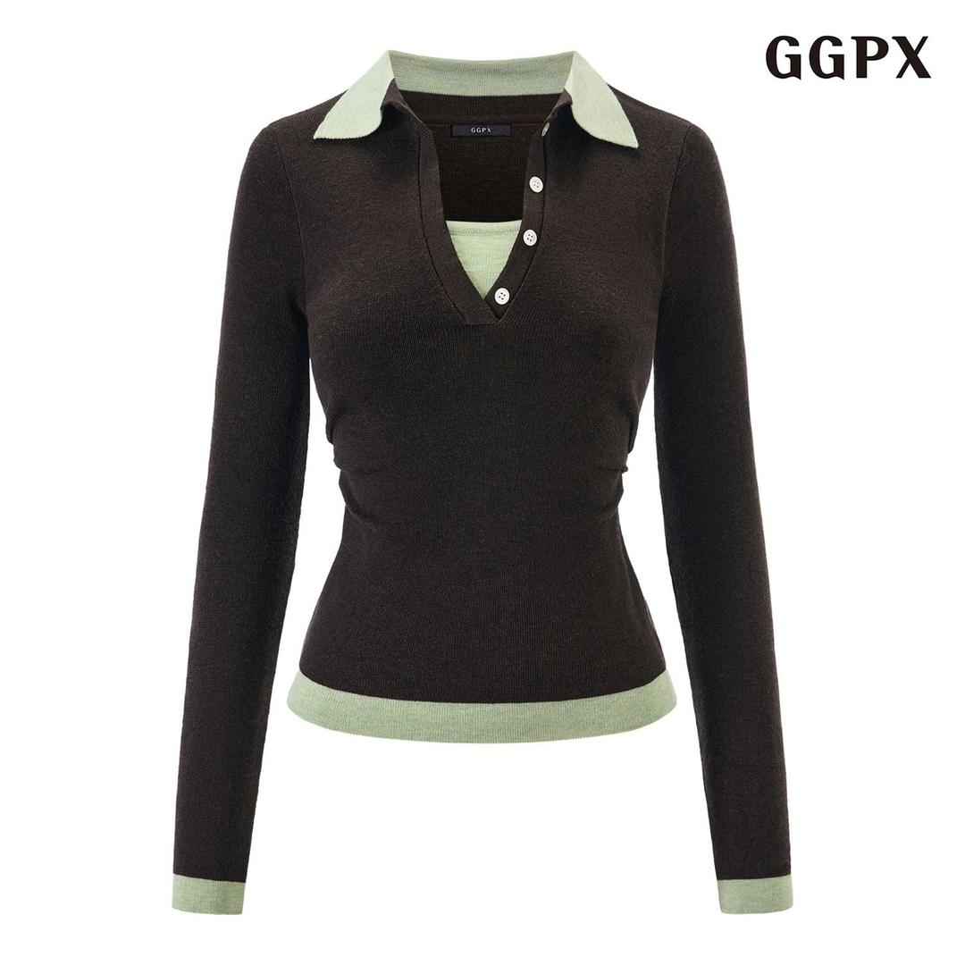 [봄쇼핑찬스]레이어드 반버튼업 카라 사이드 배색 셔링 니트 (GQAKT003D)