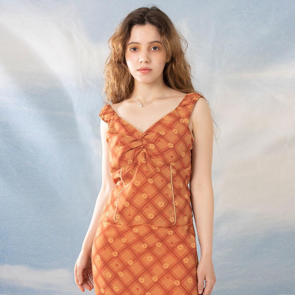 CHECK FLOWER SHIRRING TOP_ORANGE