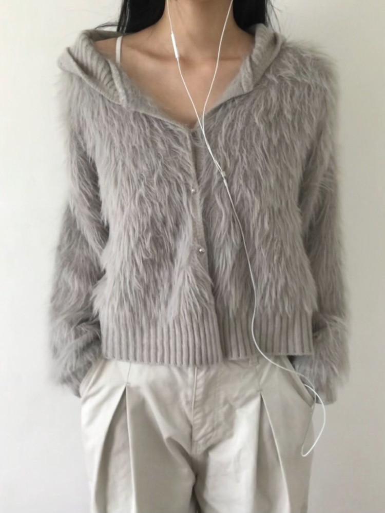 모즈 헤어 퍼 후드 가디건