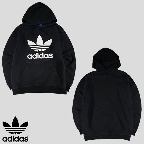 아디다스 피그먼트블랙 빅프린팅 트레포일 기모 코튼혼방 후드 티셔츠 L