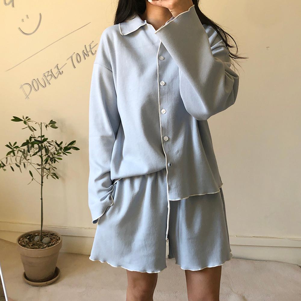 (3color) 밀키 긴팔 반바지 주머니 순면 잠옷 여성 봄여름 간절기 우정 홈웨어