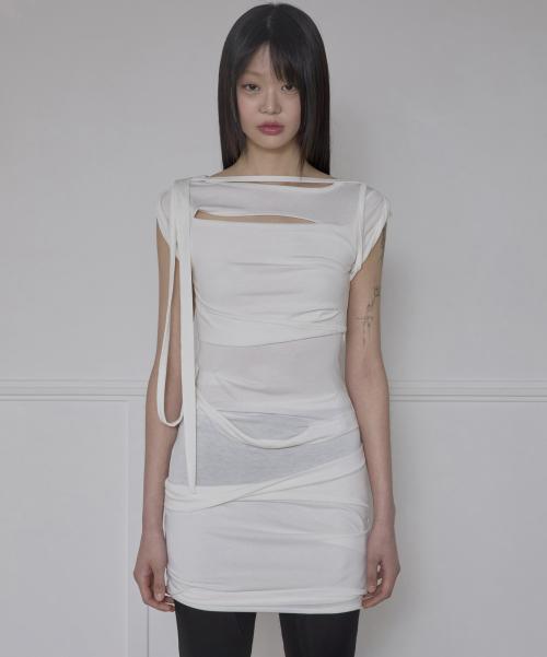 Asymmetrical Draped Strap Roll-Up Dress (FL-171_Cream)