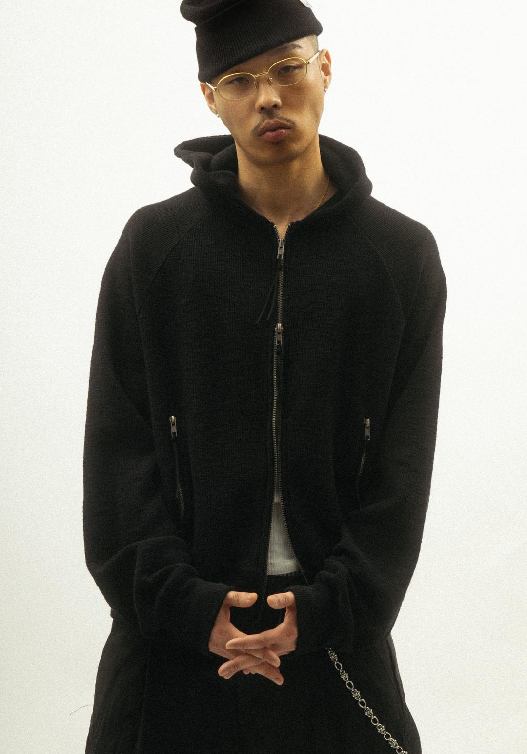 Raglan Crop Waffle Hood Zip-Up [ Black ]