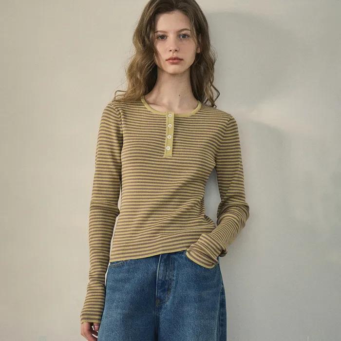 chewy ribbed button stripe knit_Olive green(OC25-KN02)