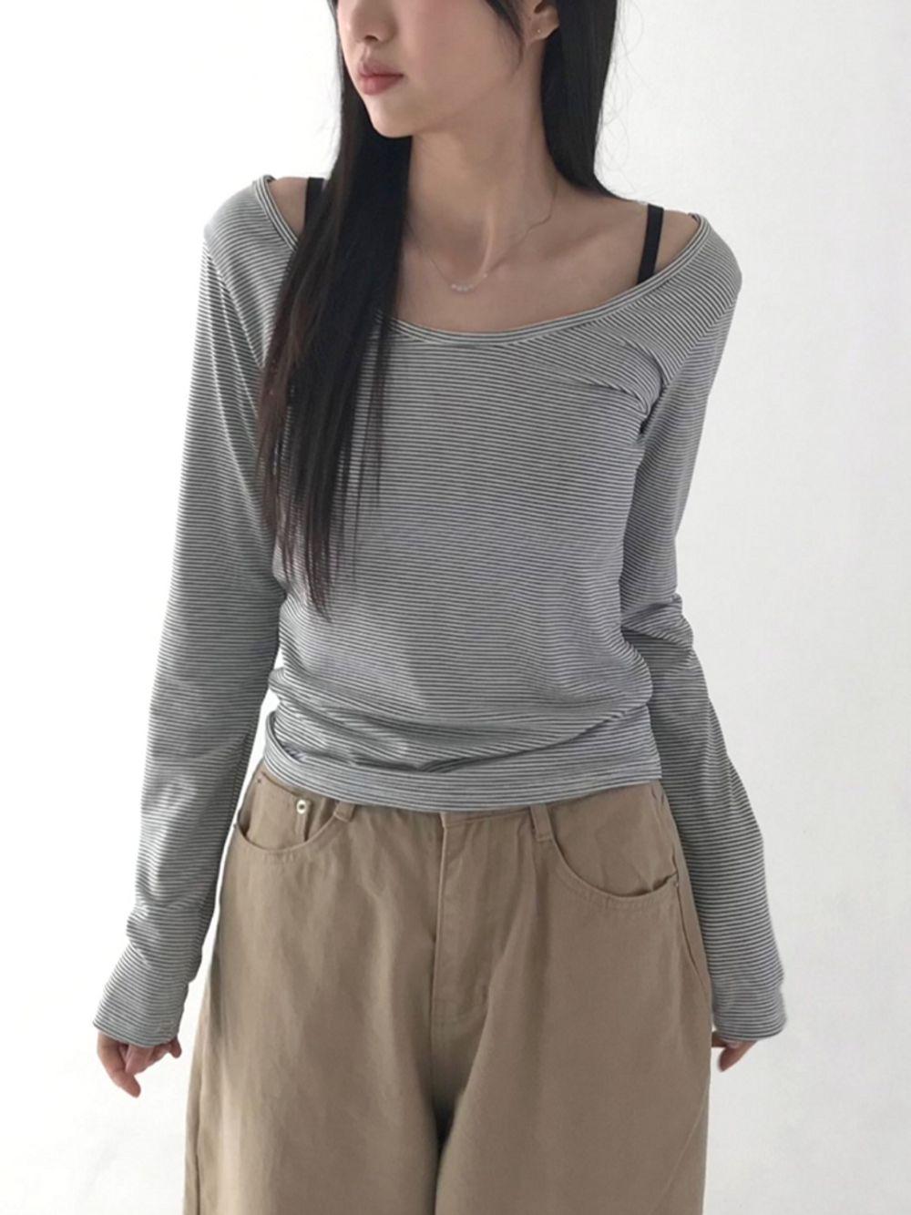 스트라이프 딥유넥 오프숄더 티셔츠