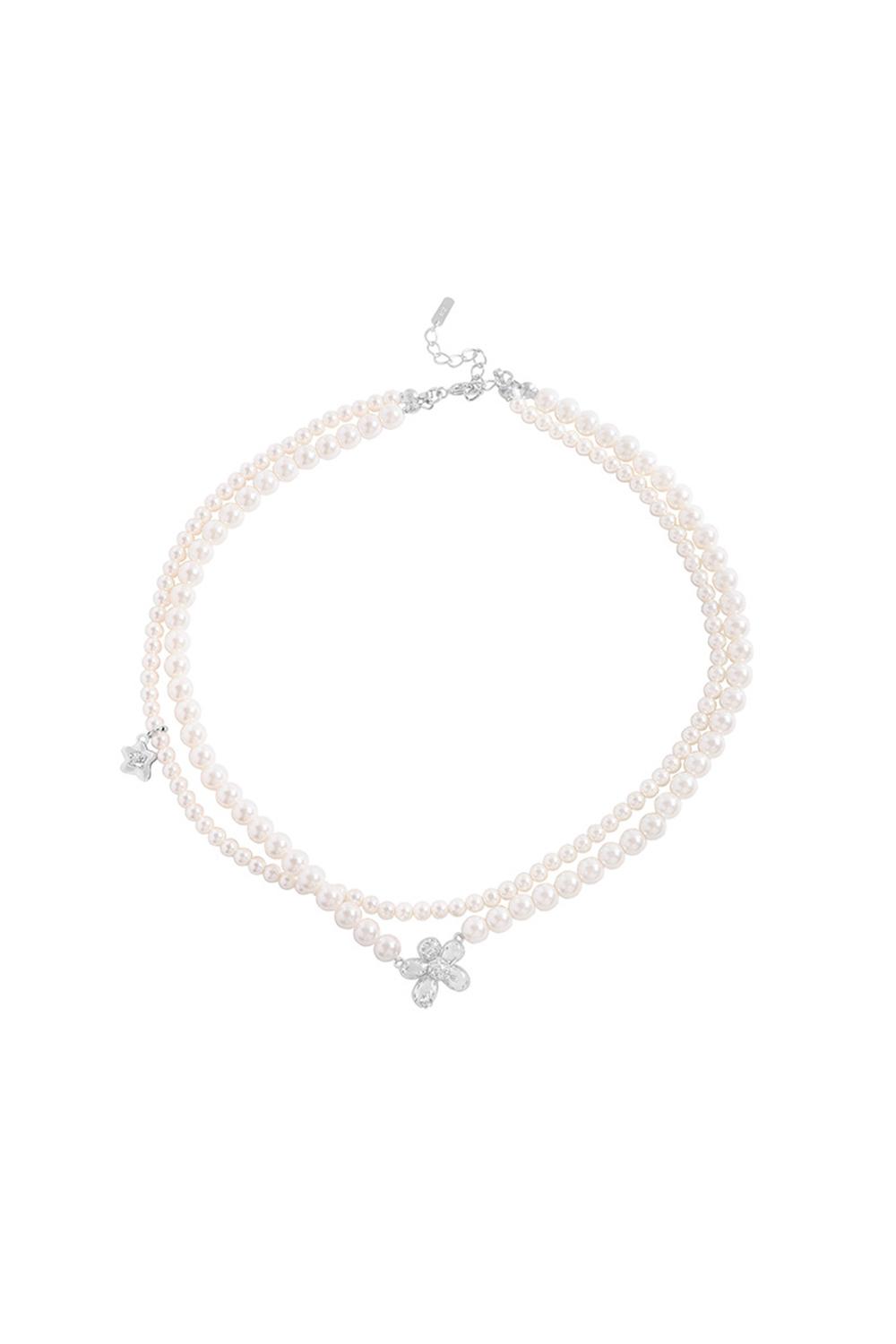 SILVER STAR FLOWER PEARL CUBIC NECKLACE