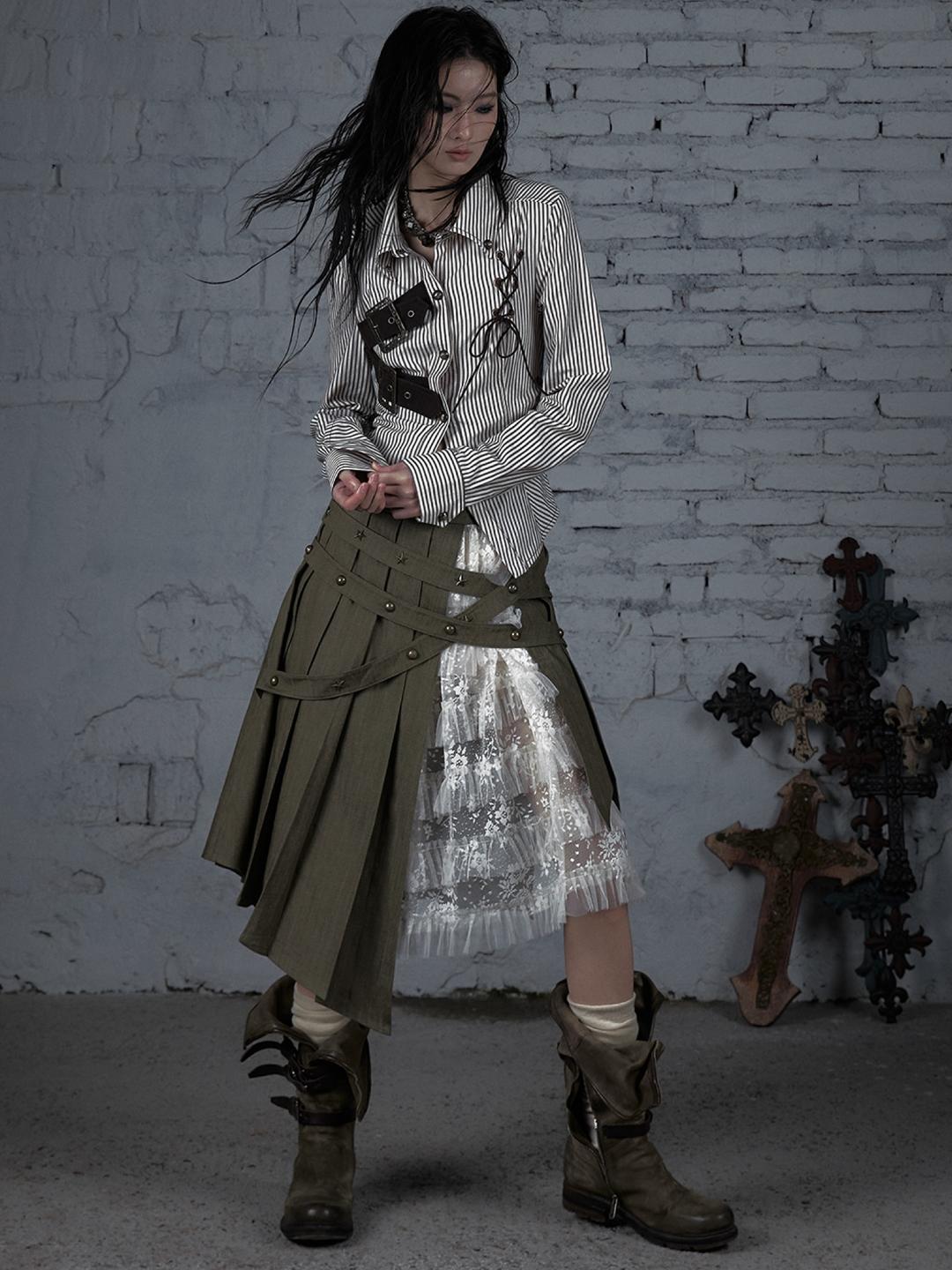 NO ROMANCE Punk Palace Irregular Midi Pleated Skirt