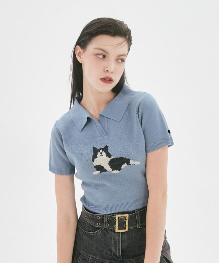 [4/29 예약배송][NF] CAT SOFT COLLAR KNIT TEE (BLUE)_F22QB417