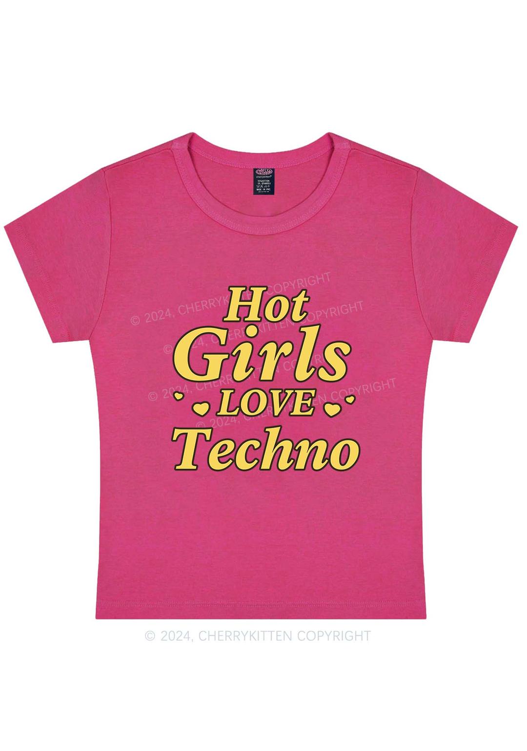 Hot Girls Love Techno Y2K Baby Tee Cherrykitten - Hot Pink / S