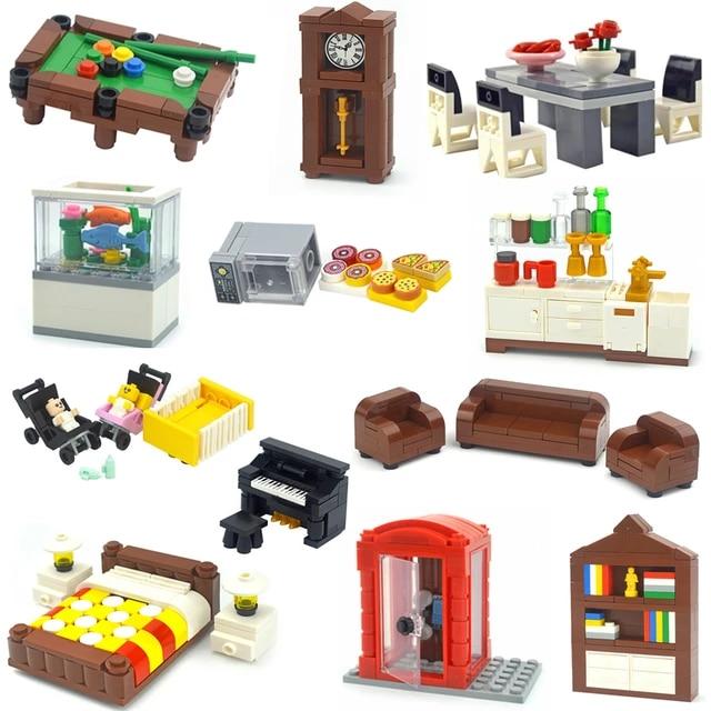 도시 친구 MOC 가구 크리에이티브 벽돌 책상 옷장 침대 TV 소파 욕실 부품, 빌딩 블록 DIY 집 장면 액세서리