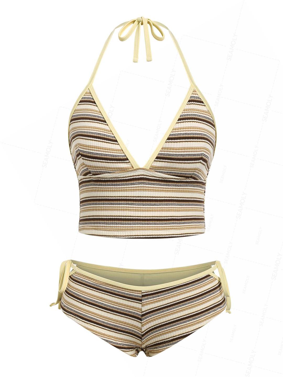 Seamolly Striped Ribbed Halter Cutout Tied Side Boyshorts Tankini Set