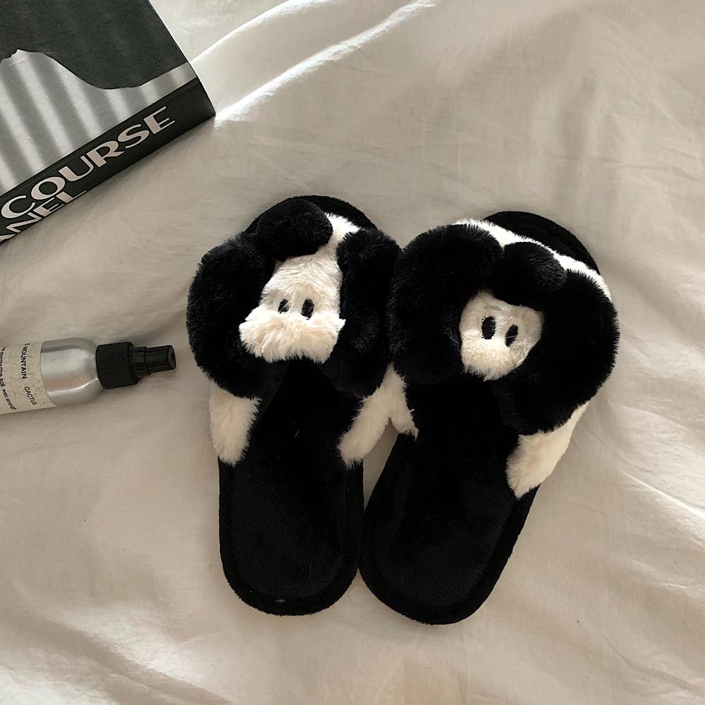 블랙앤화이트 강아지 슬리퍼 귀여운 따뜻한 겨울용 털 학교 실내화 룸슈즈 거실화 사무실