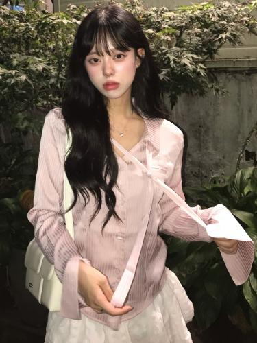 하프닌 [당일출고🚀] 레토 타이 스트라이프 줄무늬 배색 슬림핏 여리 페미닌 정장 수트 올드머니룩 가을 가을신상 가을셔츠 하객룩 하이틴 넥타이셔츠 긴팔 셔츠