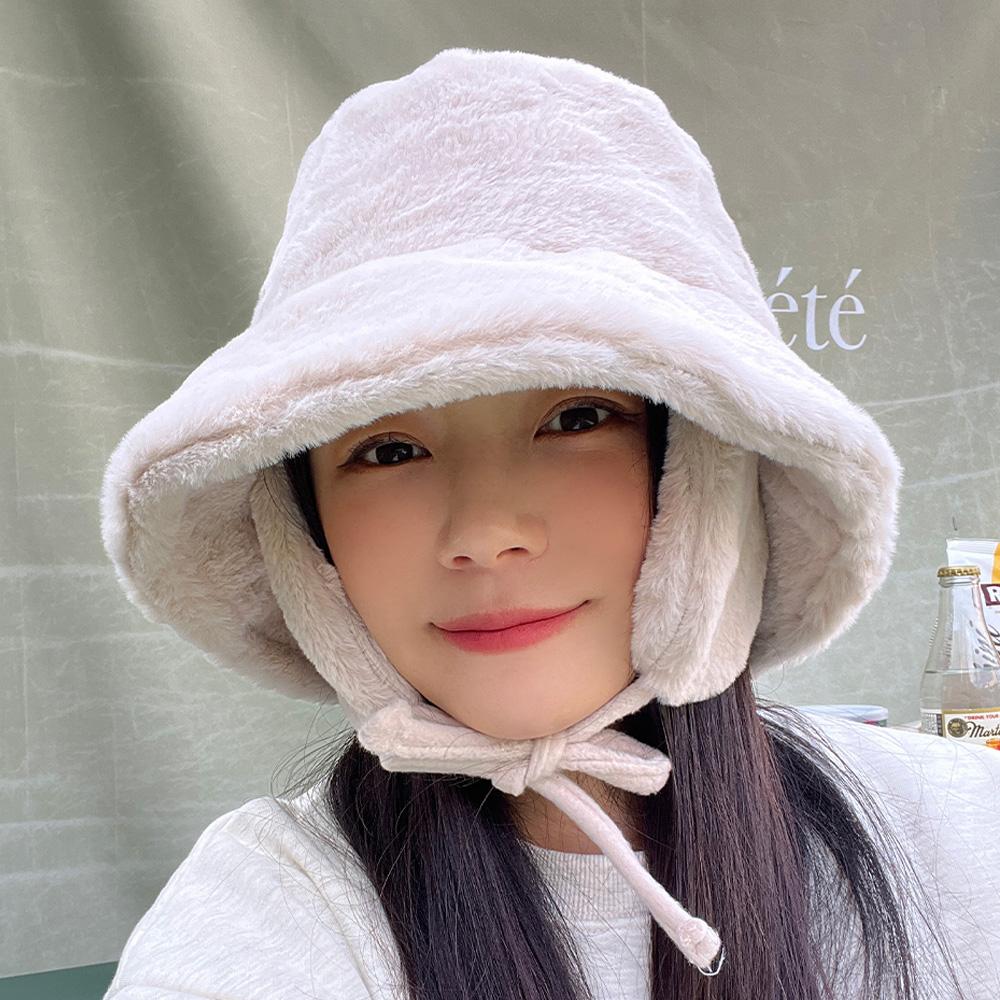 밍크 털 귀달이 끈 벙거지모자 방한 겨울 버킷햇