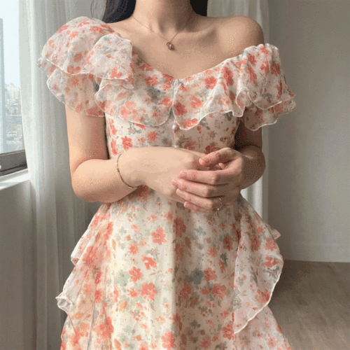 체르니 오프숄더 러플 롱 맥시 옐로우 핑크 플라워 레이스 프릴 셔링 신혼여행 제주도 바캉스 휴양지 여행 여신 러블리 로맨틱 원피스(2COLOR)