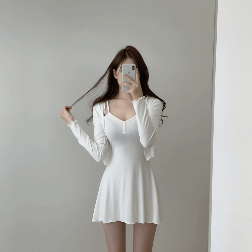 (청순글램ღ,꾸안꾸여신핏!!) 델리아 끈나시 가디건 플레어 미니 원피스 세트 3color