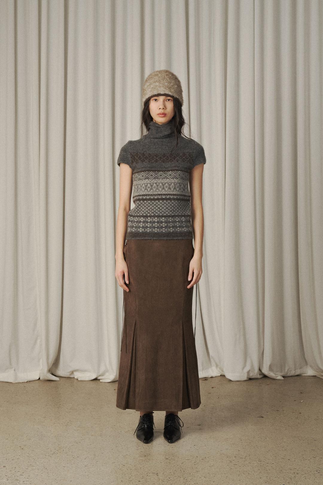 Half Cap Sleeve Intarsia Knit Top [greyish brown - 12/2 예약배송]