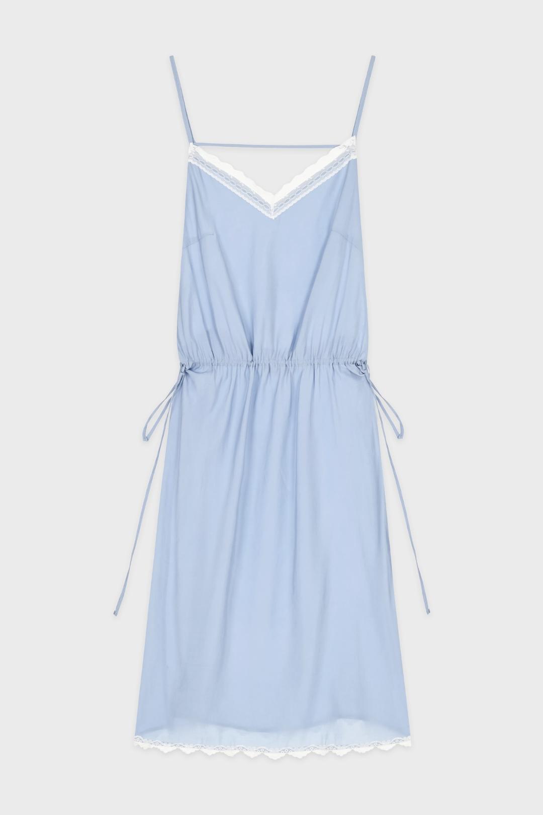 V-Neck Layered Lace Silky Dress (Blue)