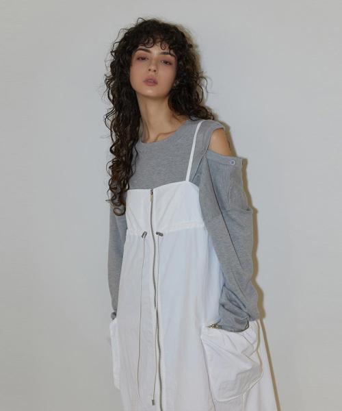 Unbalance Shoulder Button Knit Gray