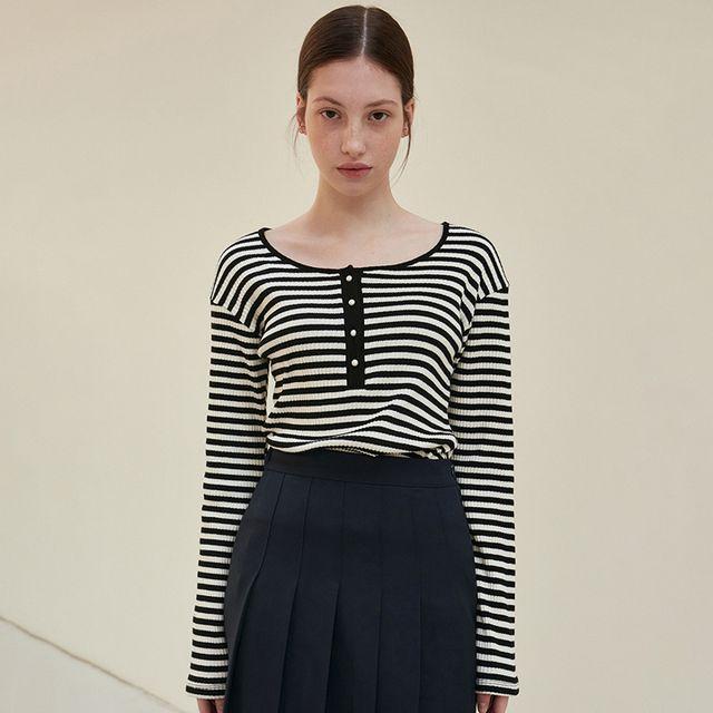 PEARL STRIPE BUTTON KNIT_BLACK