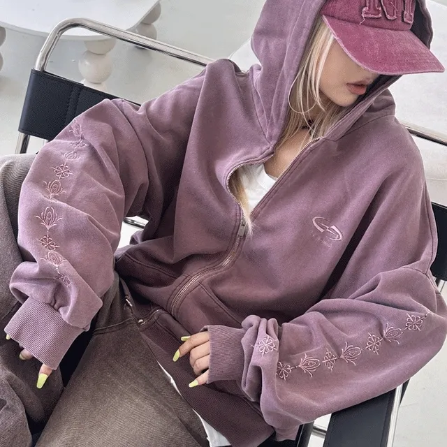 [UNISEX/소장추천!]자수 포인트 더 크롬 피그먼트 루즈 후드 집업(4color)