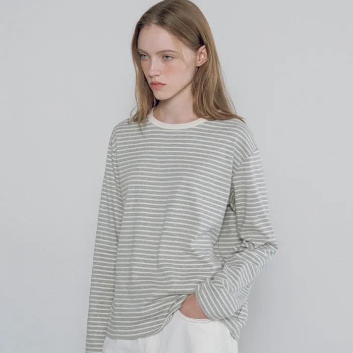 A3546 스트라이프 라운드 티셔츠_Melange gray