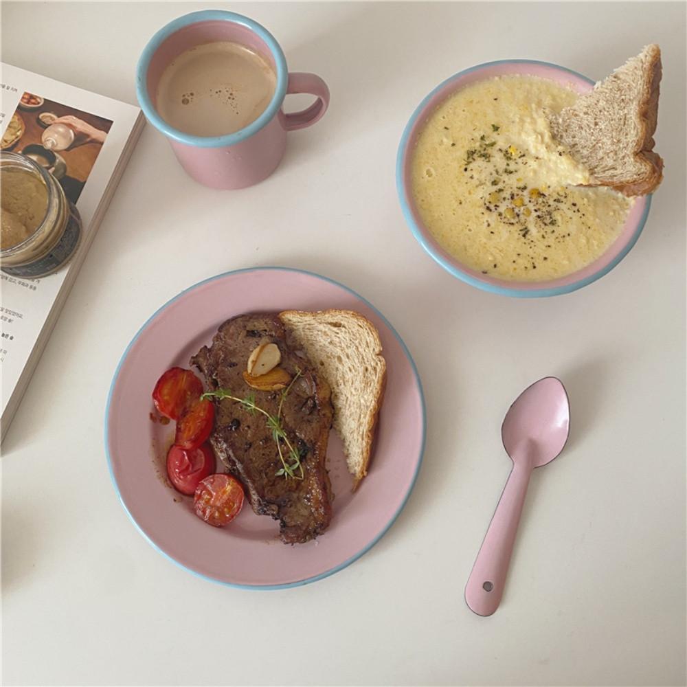 핑크 에나멜 법랑 레트로 식기 세트 디저트 접시 머그컵 파스텔 홈카페 커피 시리얼 볼