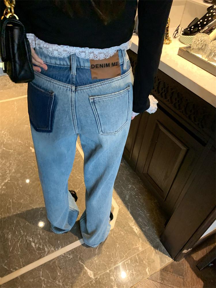 배색 나염 기모 와이드 데님 팬츠