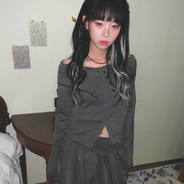 (2color) 모요치 오프숄더 단추 카라 스트라이프 트임티