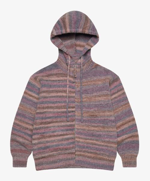 Wool stripe knit hood zip-up_Pink