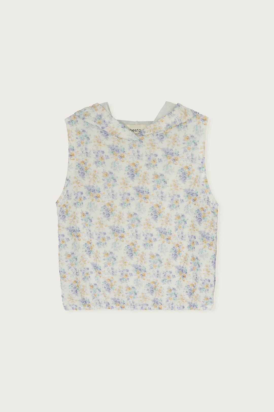 FLORAL SLEEVELESS HOODED TOP SKY