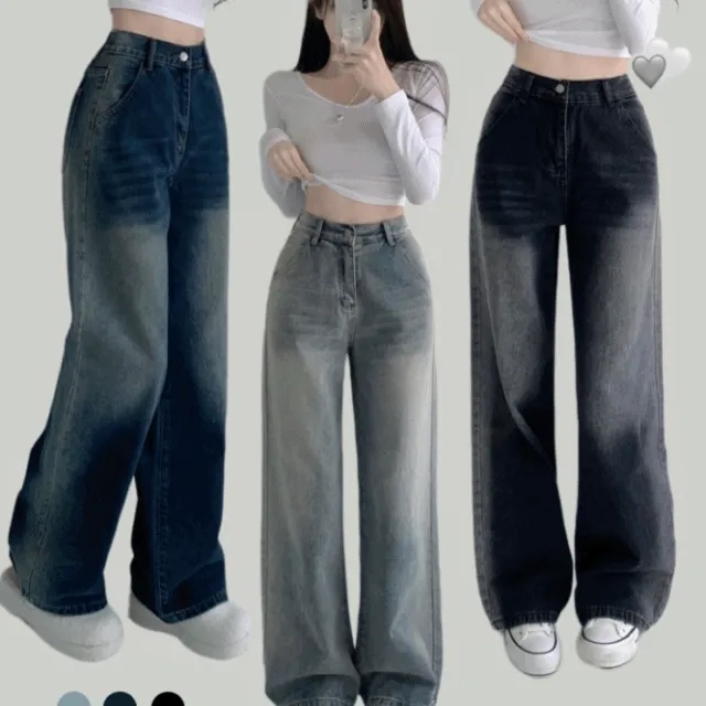 당일발송🚀[특가❤/핏보장] 선데이 원버튼 뒷밴딩 사이드 빈티지 워싱 하이웨스트 와이드 바지 데님팬츠 청바지 사계절청바지