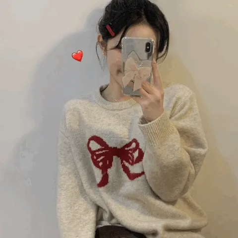 [소장강추❤️/저렴이X] 리본 오트밀 아방 니트/ 연말룩 데이트룩 리본니트 라운드넥 겨울니트 데일리룩 겨울코디 크리스마스 울니트