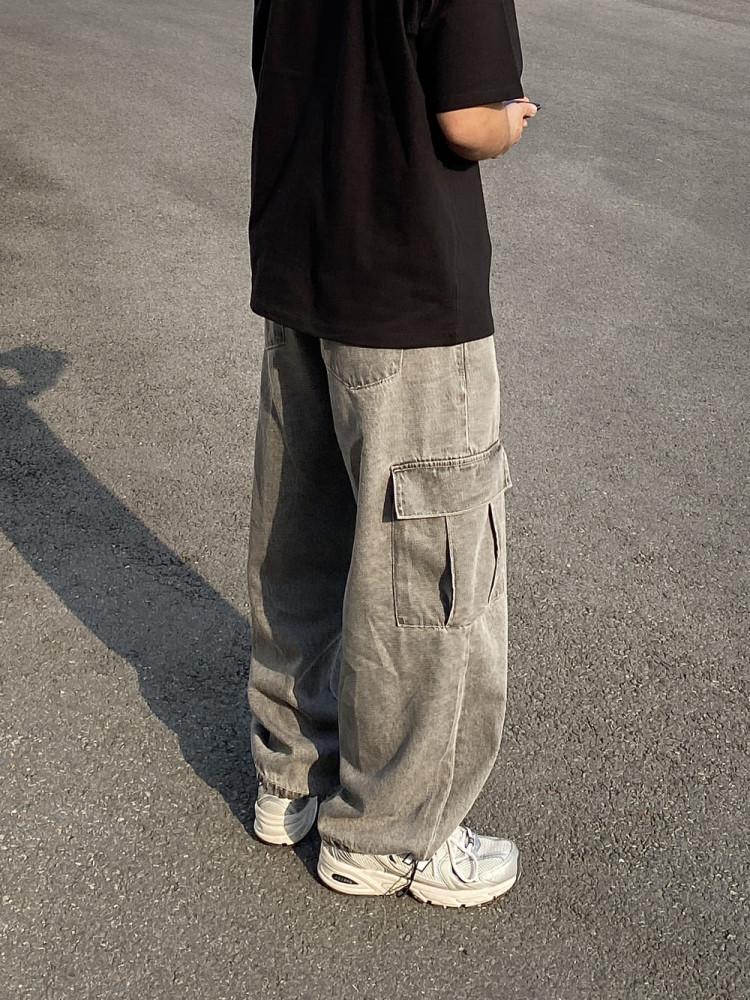 스토퍼 와이드 카고 밴딩 팬츠 (3color) - 그룸 남자 스트링 면 데님 청바지