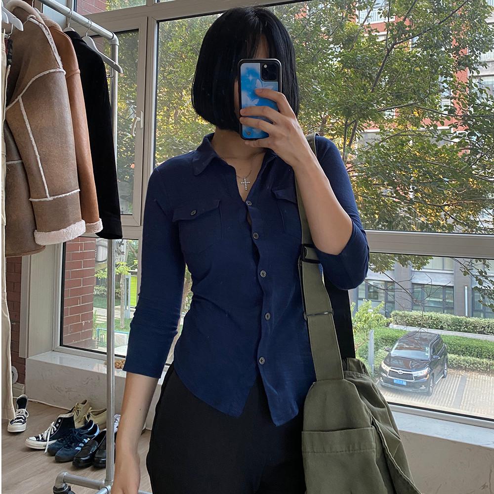 Meghan 7부 카라 버튼업 셔츠-네이비