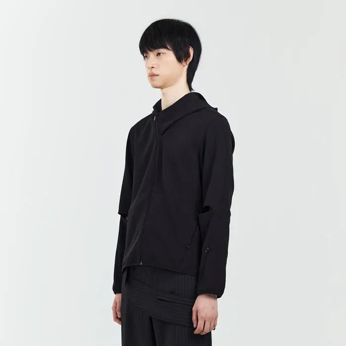 CUT-OUT SLEEVE HOODED ZIP JACKET BLACK