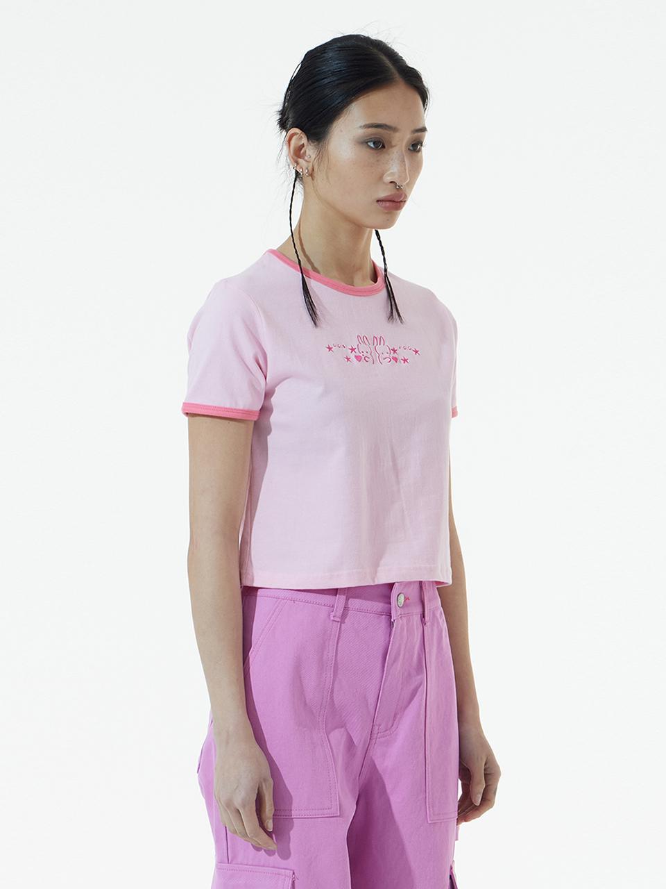 핑크 래빗 이모지 크롭 티셔츠