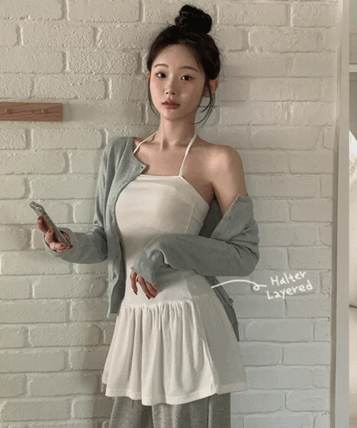 [레이어드/활용도up!] 블렛 튜브탑 홀터넥 스트랩 셔링 플레어 레이어드 미니원피스 4colors