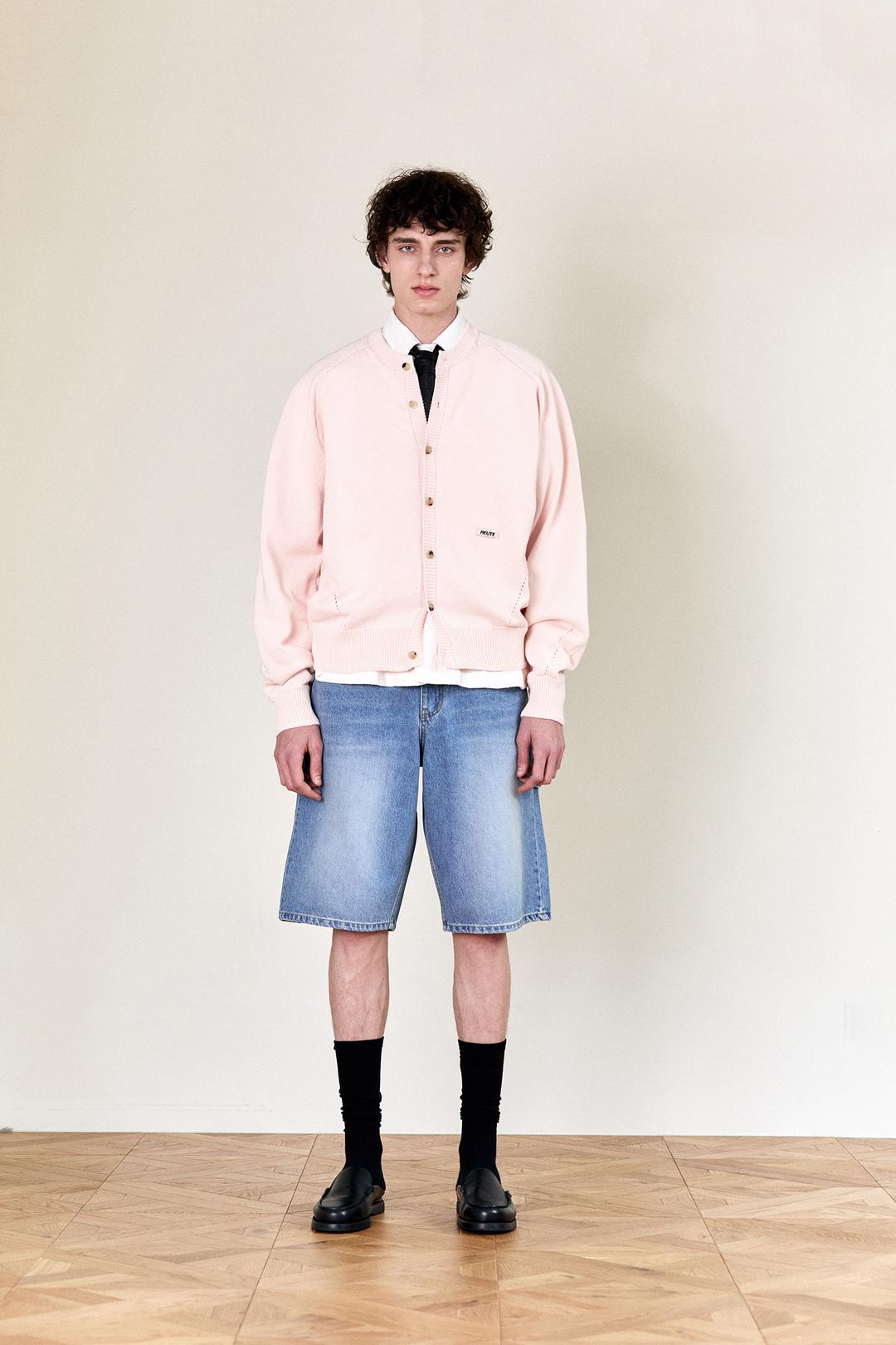 COTTON CROP ROUND KNIT CARDIGAN (L/PINK)