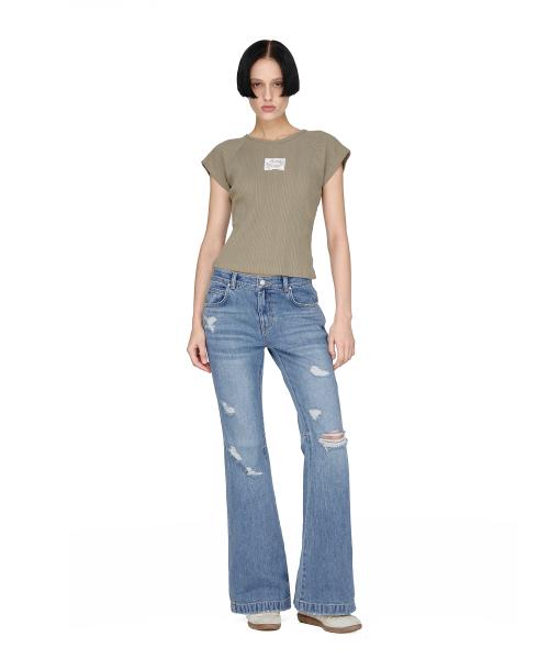 Distroyed Boots Cut Denim Pants, MID BLUE