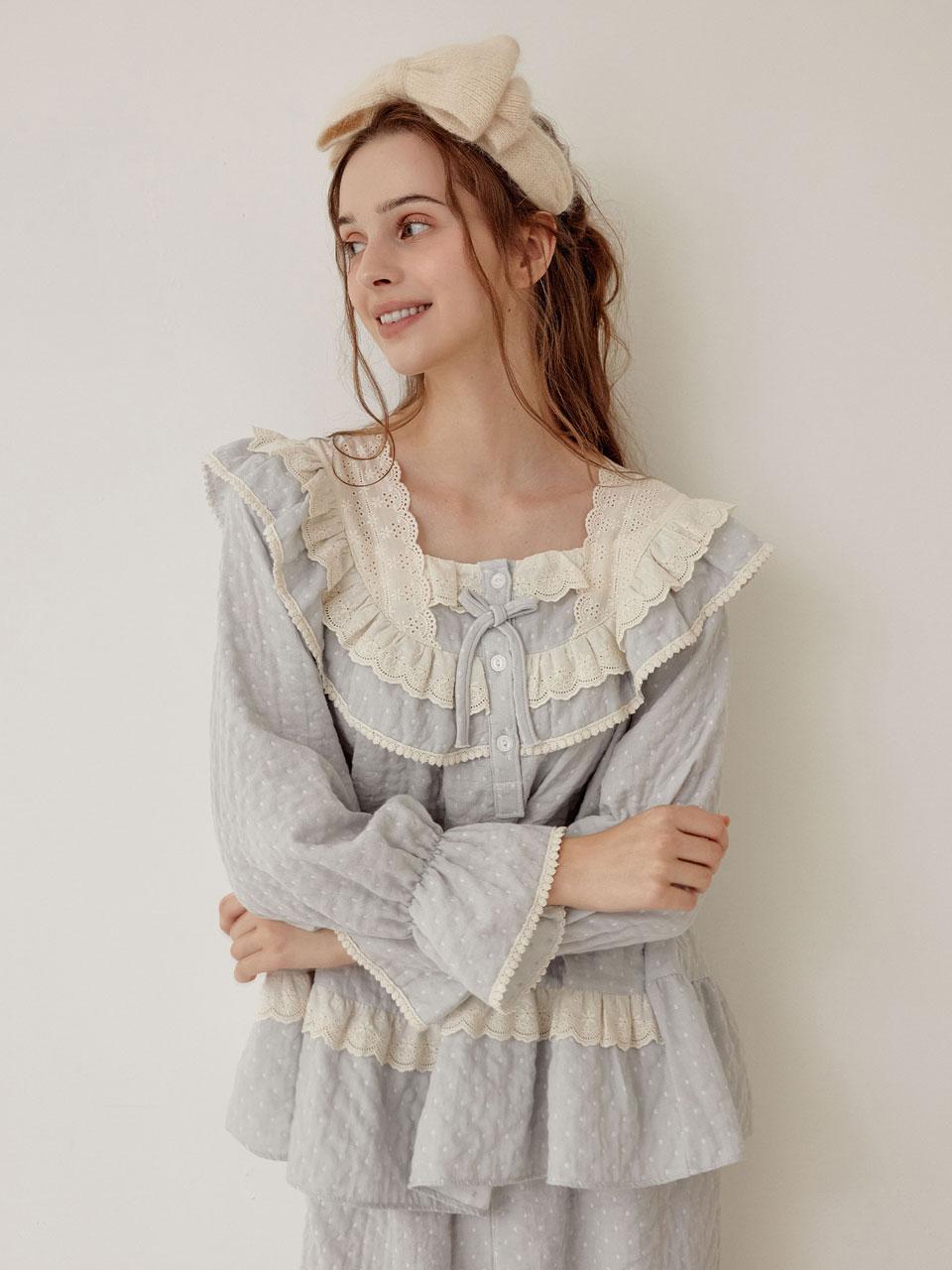 여성 누아르 이중거즈 긴소매 스퀘어넥 투피스 잠옷 24-08232