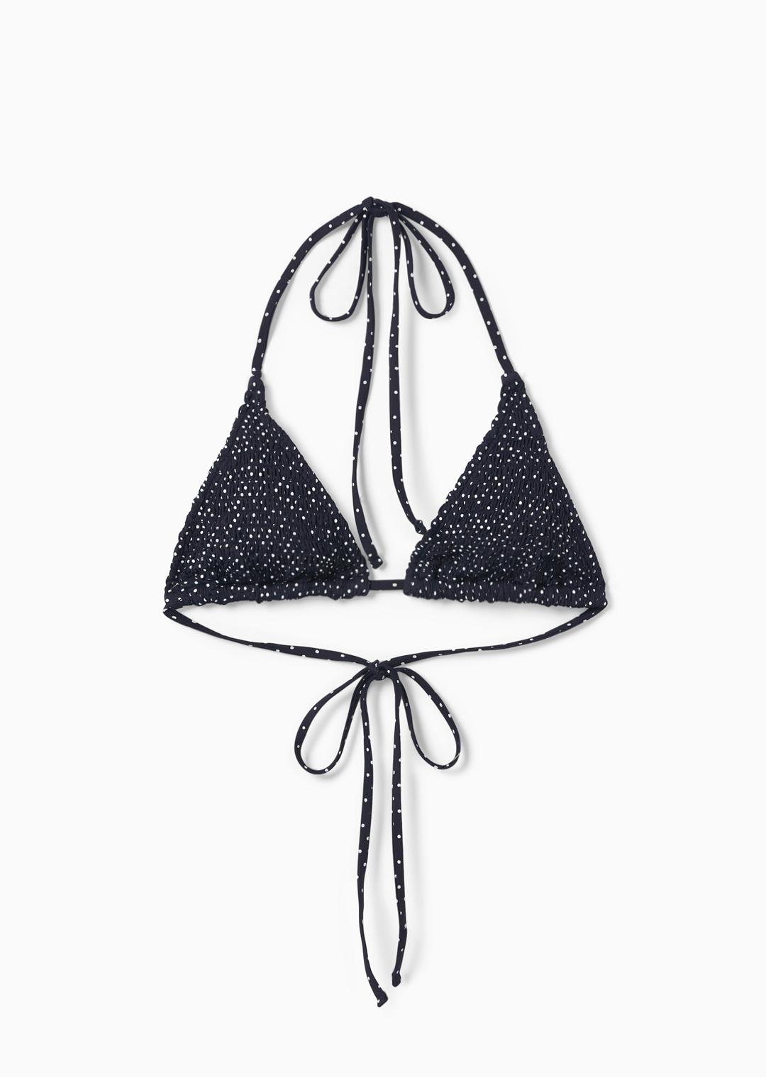 SMOCKED DOT TRIANGLE BIKINI TOP NAVY
