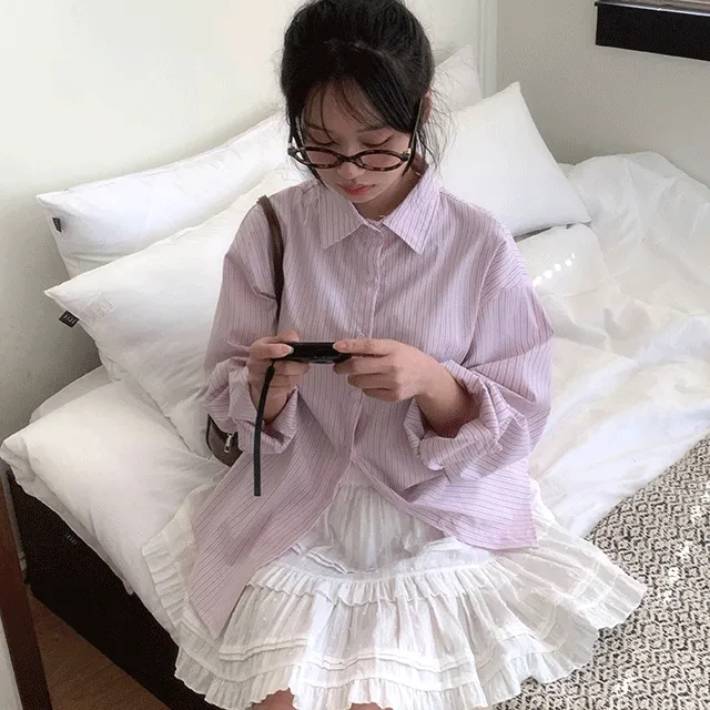[MD픽✨봄신상] 리하 스트라이프 오버핏 셔츠 봄 가을 / 셔츠 긴팔셔츠 줄무늬셔츠 줄무늬남방 블라우스 뮤잉