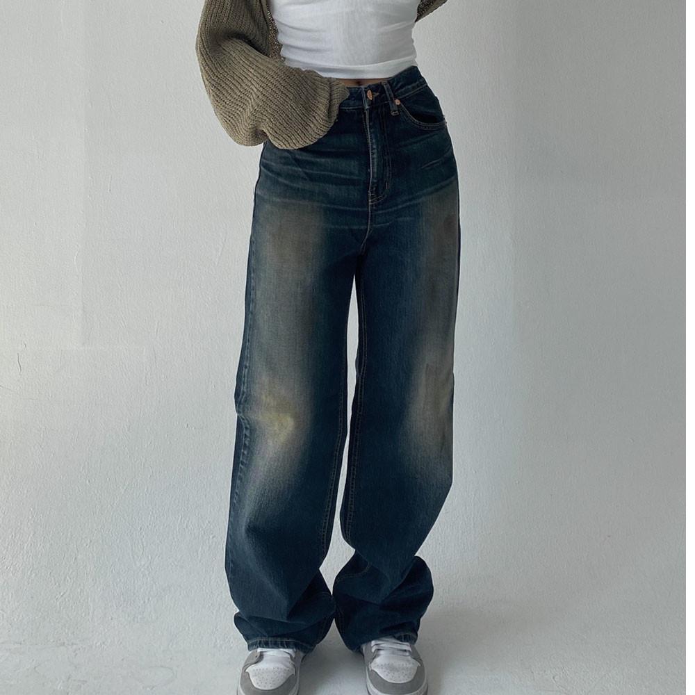 캣 브러쉬 롱 와이드 머드 데님 팬츠 빈티지 청바지 ootj