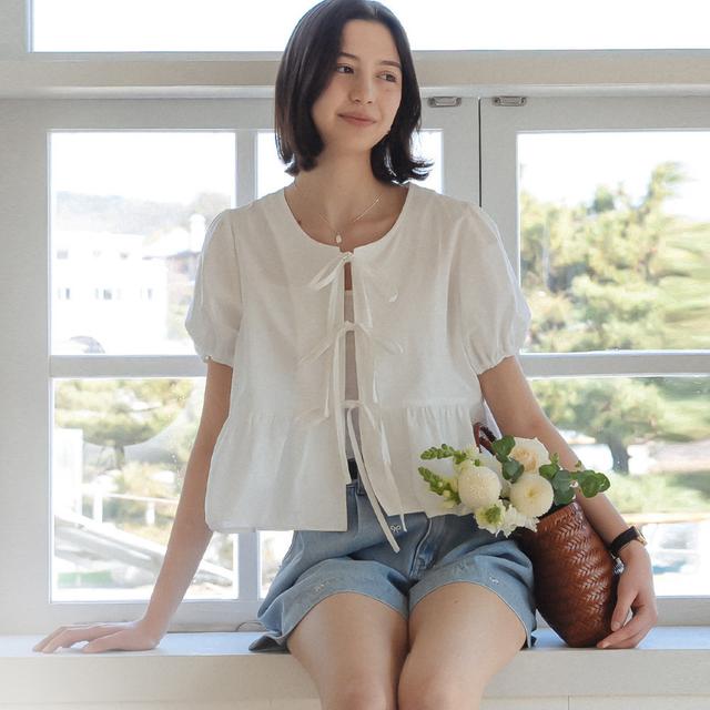 Front ribbon point blouse_Ivory